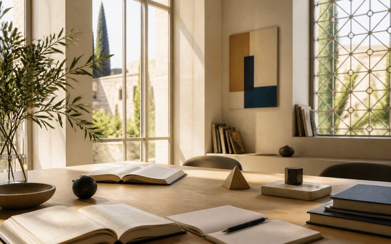 Table de lecture ensoleill&eacute;e avec livres ouverts et carnets