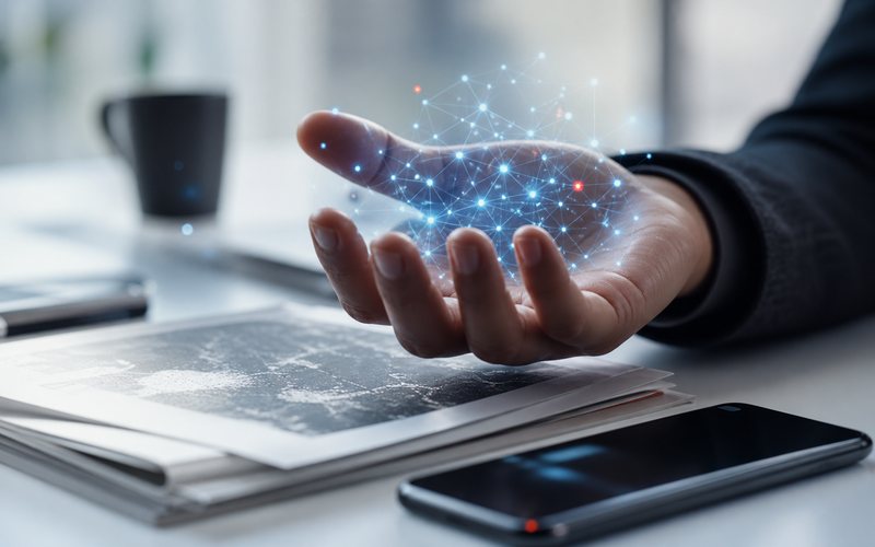 Main tenant un r&eacute;seau lumineux de donn&eacute;es au-dessus de documents