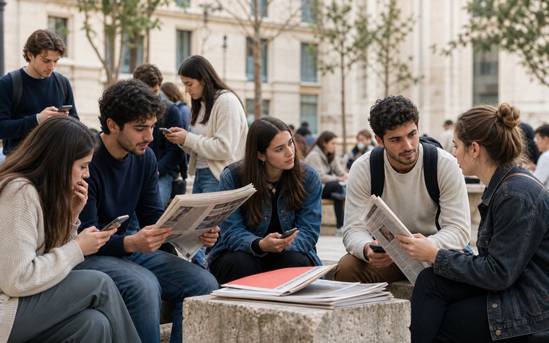 Jeunes lecteurs en discussion dans une cour universitaire