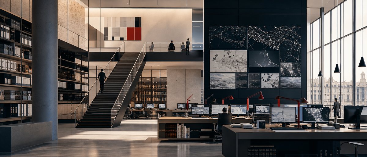 Newsroom moderne avec escaliers, archives et cartes de sources abstraites